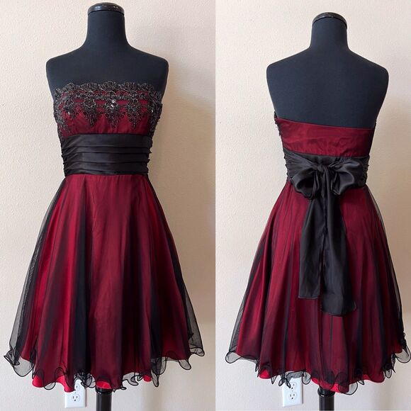 Vintage Blondie Nites Prom Mini Dress 3 Red Black Mesh Embroidered Sequin Y2K - Picture 1 of 8